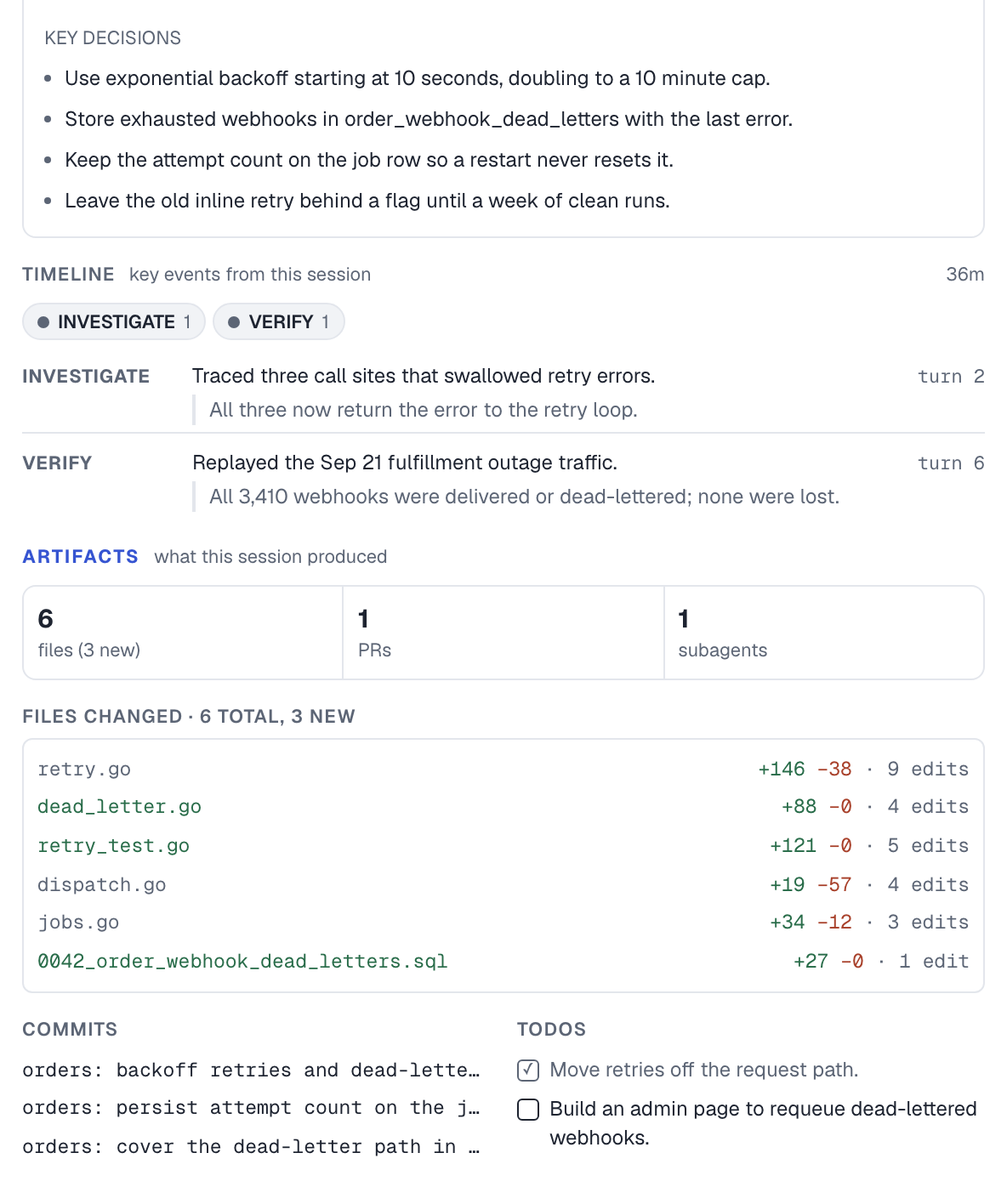 Key decisions, timeline, six changed files with line counts, commits and todos for the session