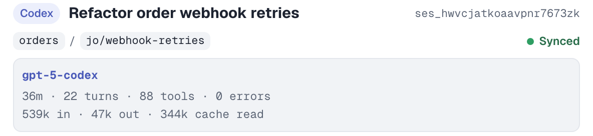 Session card: Refactor order webhook retries in Codex, orders / jo/webhook-retries, synced